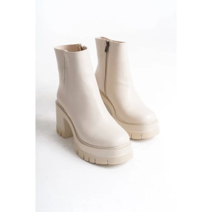 LISSE Fermuarlı Ortopedik Taban Kalın Topuklu Kadın Bot KT - Krem