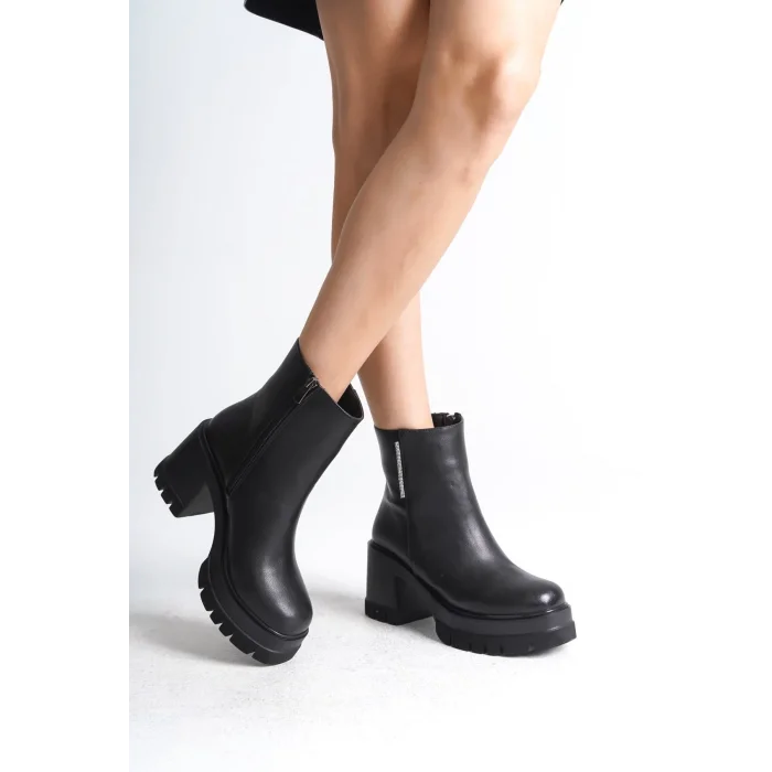 LISSE Fermuarlı Ortopedik Taban Kalın Topuklu Kadın Bot ST - Siyah