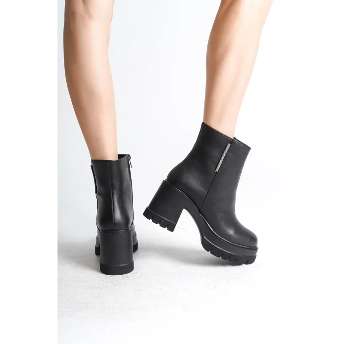 LISSE Fermuarlı Ortopedik Taban Kalın Topuklu Kadın Bot ST - Siyah