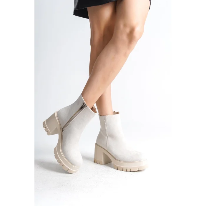 LISSE Fermuarlı Ortopedik Taban Kalın Topuklu Süet Kadın Bot  KT-  Krem