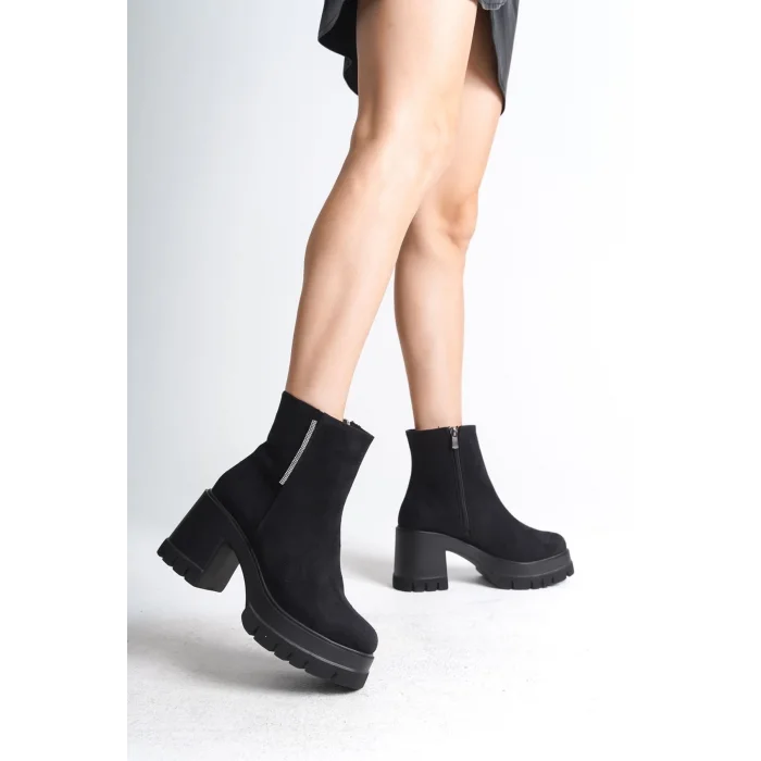 LISSE Fermuarlı Ortopedik Taban Kalın Topuklu Süet Kadın Bot ST - Siyah