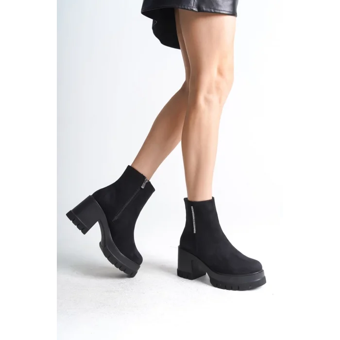 LISSE Fermuarlı Ortopedik Taban Kalın Topuklu Süet Kadın Bot ST - Siyah
