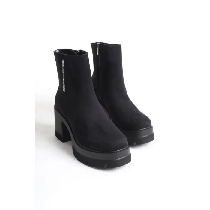 LISSE Fermuarlı Ortopedik Taban Kalın Topuklu Süet Kadın Bot ST - Siyah
