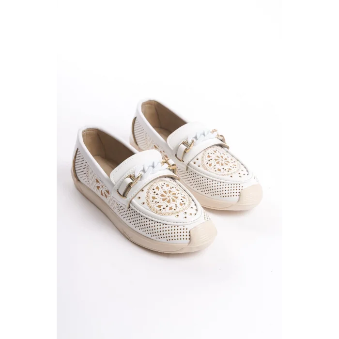 LIZY Bağcıksız Ortopedik Rahat Taban Çiçek Desenli Kadın Babet Ayakkabı  KT - Beyaz
