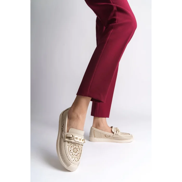 LIZY Bağcıksız Ortopedik Rahat Taban Çiçek Desenli Kadın Babet Ayakkabı  KT - Krem