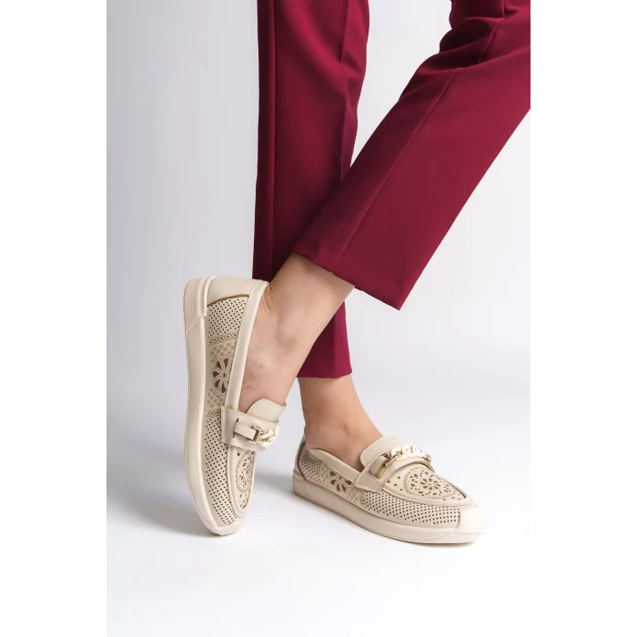 LIZY Bağcıksız Ortopedik Rahat Taban Çiçek Desenli Kadın Babet Ayakkabı  KT - Krem