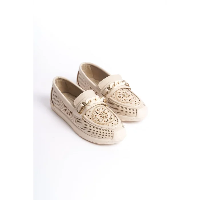 LIZY Bağcıksız Ortopedik Rahat Taban Çiçek Desenli Kadın Babet Ayakkabı  KT - Krem