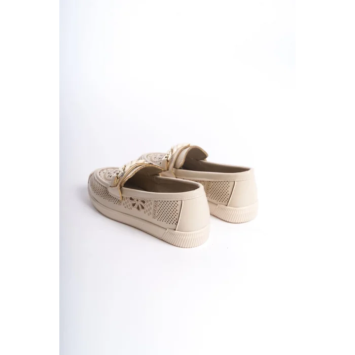 LIZY Bağcıksız Ortopedik Rahat Taban Çiçek Desenli Kadın Babet Ayakkabı  KT - Krem