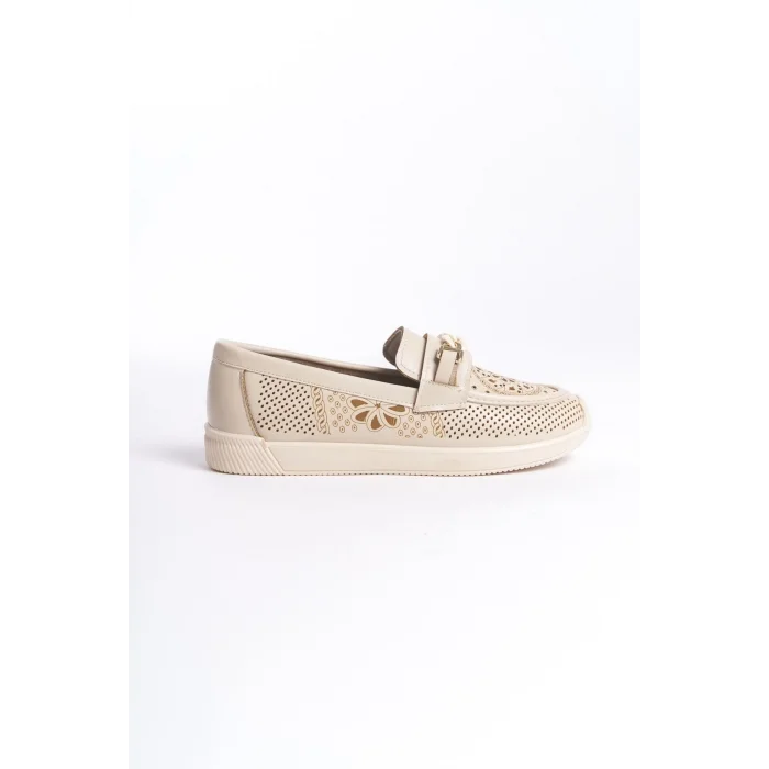 LIZY Bağcıksız Ortopedik Rahat Taban Çiçek Desenli Kadın Babet Ayakkabı  KT - Krem