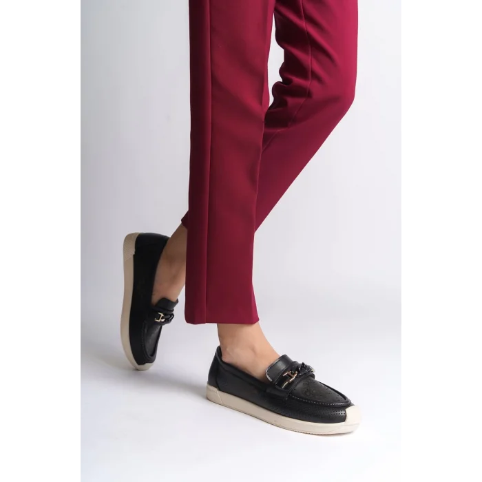 LIZY Bağcıksız Ortopedik Rahat Taban Çiçek Desenli Kadın Babet Ayakkabı  KT - Siyah