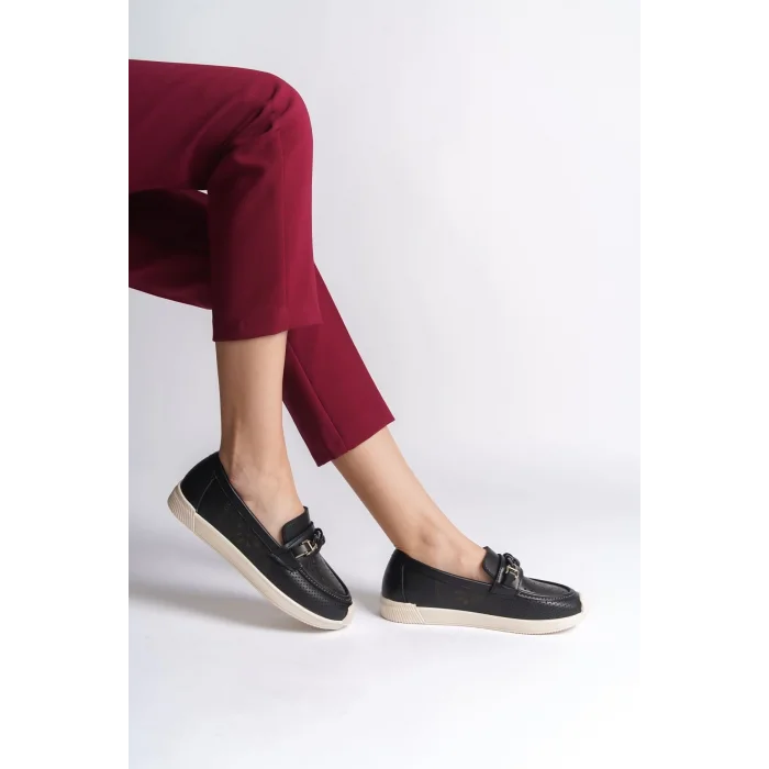 LIZY Bağcıksız Ortopedik Rahat Taban Çiçek Desenli Kadın Babet Ayakkabı  KT - Siyah