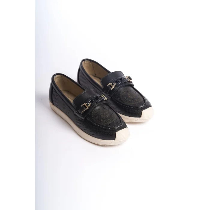 LIZY Bağcıksız Ortopedik Rahat Taban Çiçek Desenli Kadın Babet Ayakkabı  KT - Siyah