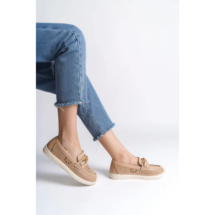 LIZY Bağcıksız Ortopedik Rahat Taban Çiçek Desenli Kadın Babet Ayakkabı KT - Ten