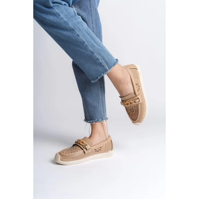 LIZY Bağcıksız Ortopedik Rahat Taban Çiçek Desenli Kadın Babet Ayakkabı KT - Ten