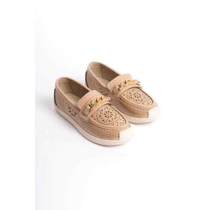 LIZY Bağcıksız Ortopedik Rahat Taban Çiçek Desenli Kadın Babet Ayakkabı KT - Ten