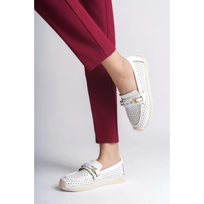 LIZY Bağcıksız Ortopedik Rahat Taban Kalp Desenli Kadın Babet Ayakkabı  KT - Beyaz