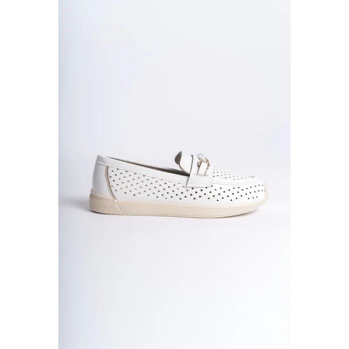 LIZY Bağcıksız Ortopedik Rahat Taban Kalp Desenli Kadın Babet Ayakkabı  KT - Beyaz