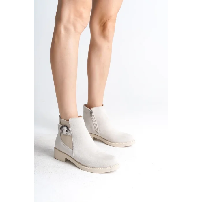 LUNA Fermuarlı Lastikli Ortopedik Taban Topuklu Süet Kadın Bot KT - Krem