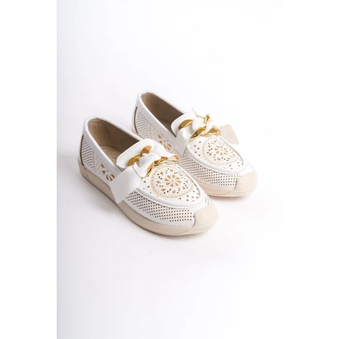 LYDIA Bağcıksız Ortopedik Rahat Taban Çiçek Desenli Kadın Babet Ayakkabı  KT - Beyaz