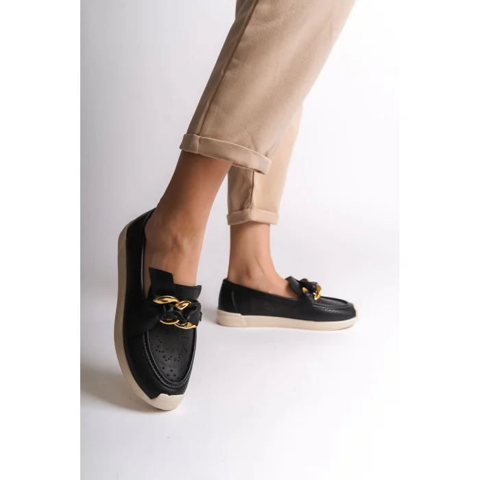 LYDIA Bağcıksız Ortopedik Rahat Taban Çiçek Desenli Kadın Babet Ayakkabı  KT - Siyah