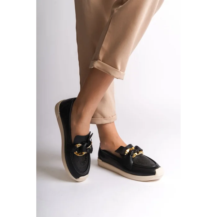 LYDIA Bağcıksız Ortopedik Rahat Taban Çiçek Desenli Kadın Babet Ayakkabı  KT - Siyah