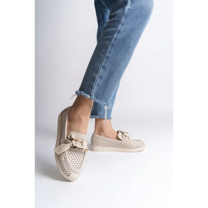 LYDIA Bağcıksız Ortopedik Rahat Taban Kalp Desenli Kadın Babet Ayakkabı  KT - Krem