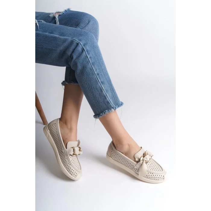 LYDIA Bağcıksız Ortopedik Rahat Taban Kalp Desenli Kadın Babet Ayakkabı  KT - Krem