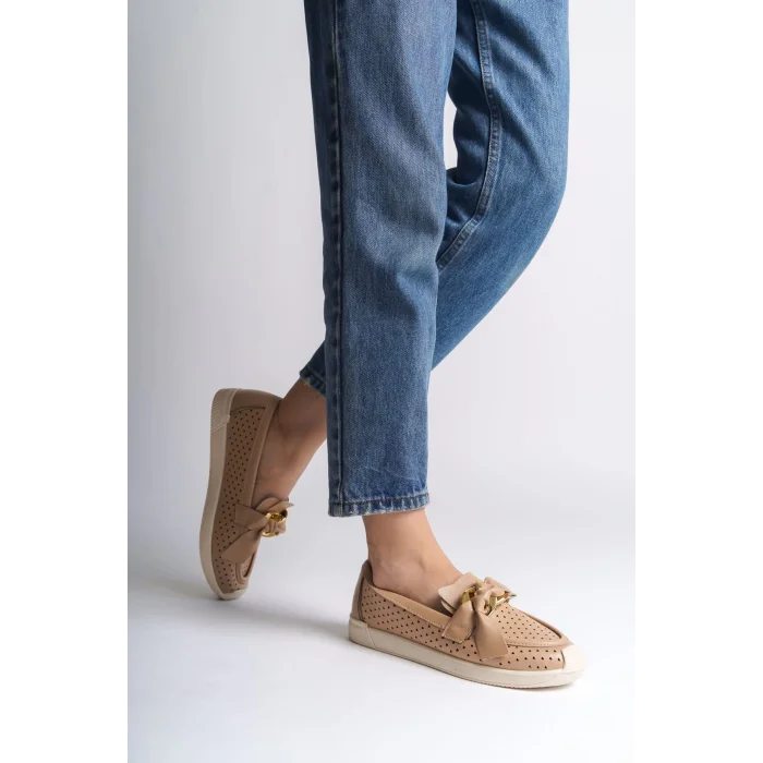 LYDIA Bağcıksız Ortopedik Rahat Taban Kalp Desenli Kadın Babet Ayakkabı KT - Ten