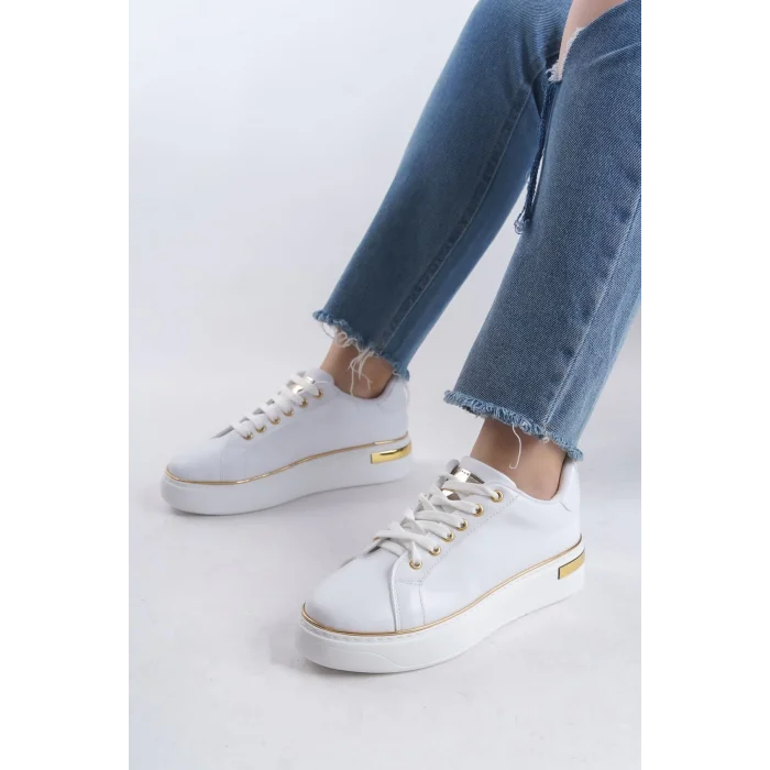 MINA Bağcıklı Ortopedik Taban Kadın Sneaker Spor Ayakkabı  BT - Beyaz/Altın
