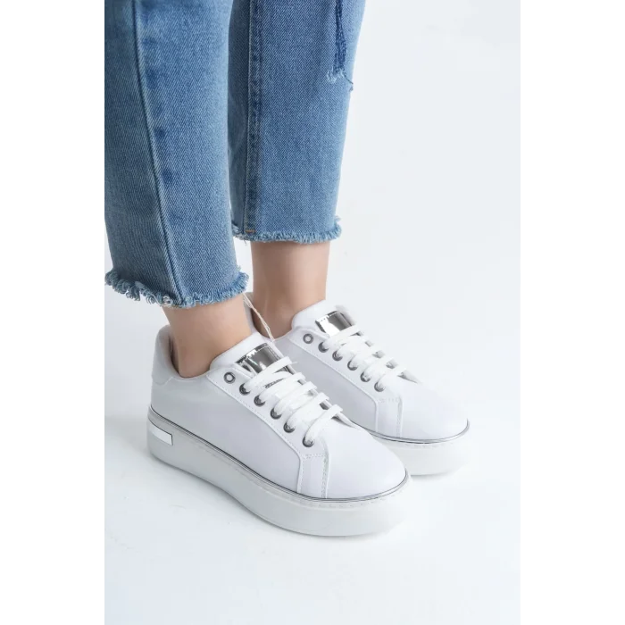 MINA Bağcıklı Ortopedik Taban Kadın Sneaker Spor Ayakkabı  BT - Beyaz/Gümüş