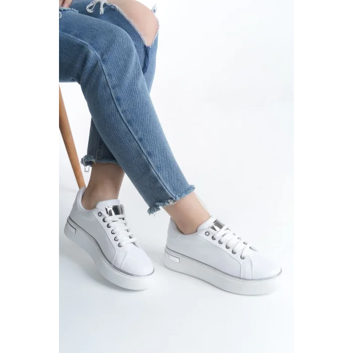 MINA Bağcıklı Ortopedik Taban Kadın Sneaker Spor Ayakkabı  BT - Beyaz/Gümüş