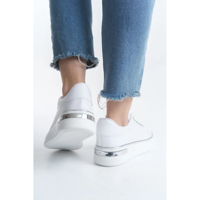 MINA Bağcıklı Ortopedik Taban Kadın Sneaker Spor Ayakkabı  BT - Beyaz/Gümüş