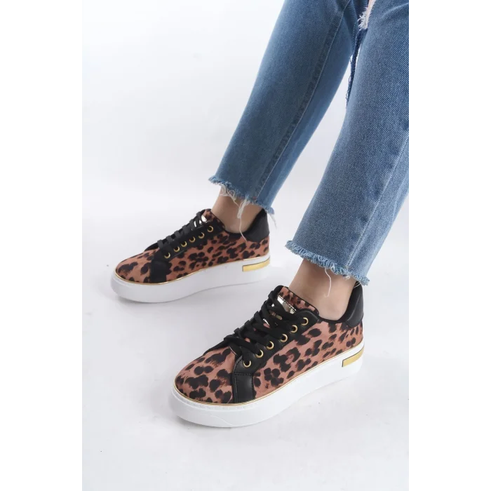 MINA Bağcıklı Ortopedik Taban Leopar Desenli Kadın Sneaker Spor Ayakkabı  BT - Kahverengi
