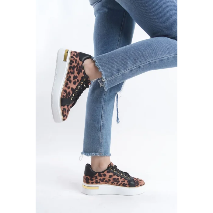 MINA Bağcıklı Ortopedik Taban Leopar Desenli Kadın Sneaker Spor Ayakkabı  BT - Kahverengi