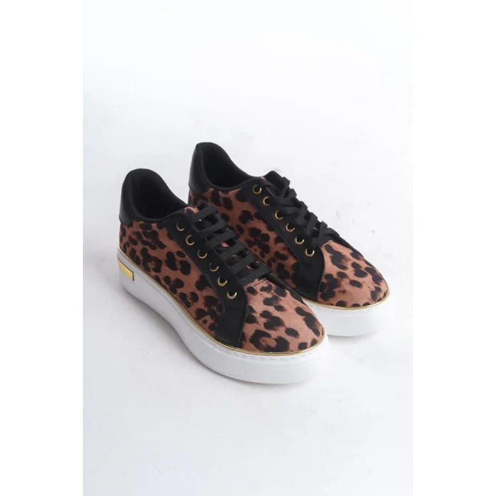 MINA Bağcıklı Ortopedik Taban Leopar Desenli Kadın Sneaker Spor Ayakkabı  BT - Kahverengi