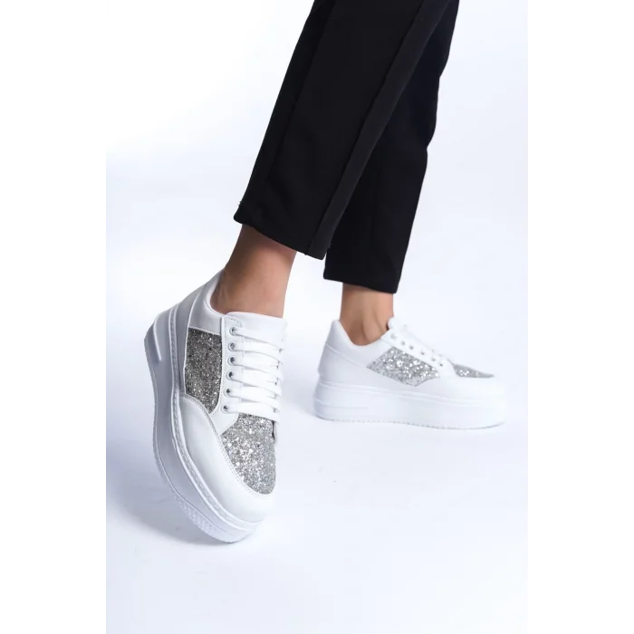 MIPA Bağcıklı Ortopedik Taban Simli Kadın Sneaker Spor Ayakkabı  BT - Beyaz