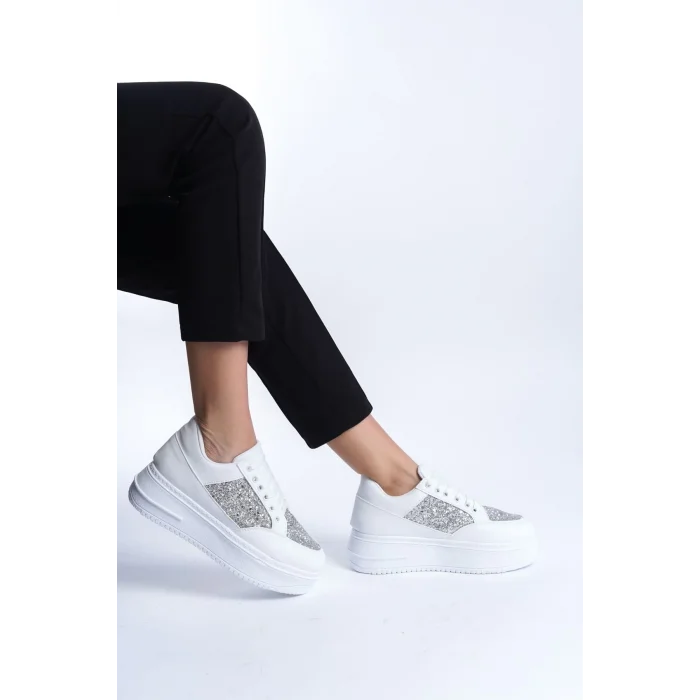 MIPA Bağcıklı Ortopedik Taban Simli Kadın Sneaker Spor Ayakkabı  BT - Beyaz