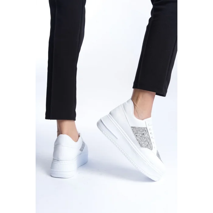 MIPA Bağcıklı Ortopedik Taban Simli Kadın Sneaker Spor Ayakkabı  BT - Beyaz