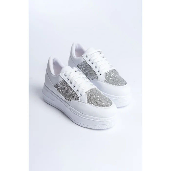 MIPA Bağcıklı Ortopedik Taban Simli Kadın Sneaker Spor Ayakkabı  BT - Beyaz