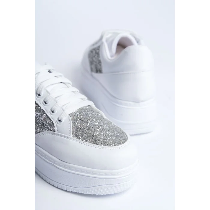 MIPA Bağcıklı Ortopedik Taban Simli Kadın Sneaker Spor Ayakkabı  BT - Beyaz
