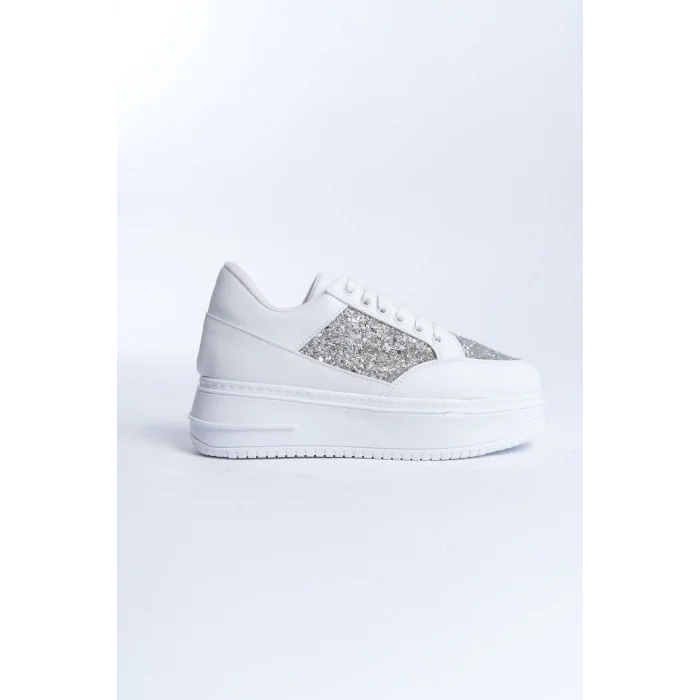 MIPA Bağcıklı Ortopedik Taban Simli Kadın Sneaker Spor Ayakkabı  BT - Beyaz