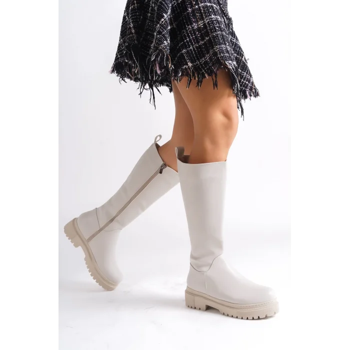 MIRA Bağcıksız Fermuarlı Ortopedik Taban Kadın Çizme KT - Krem