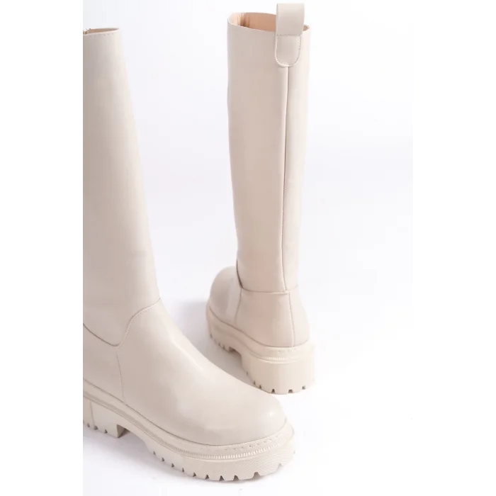 MIRA Bağcıksız Fermuarlı Ortopedik Taban Kadın Çizme KT - Krem