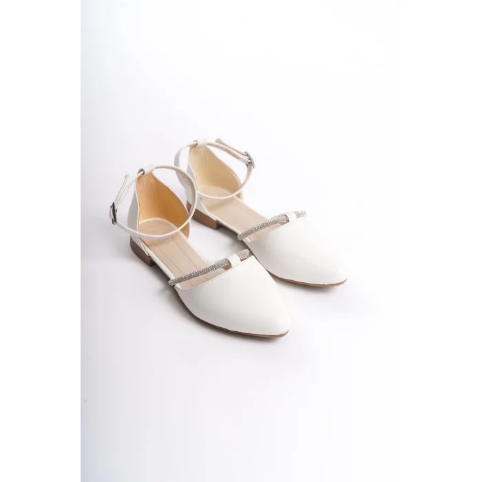 MONICA Tokalı Ortopedik Rahat Taban Taş Detaylı Kadın Babet Ayakkabı  KT - Beyaz