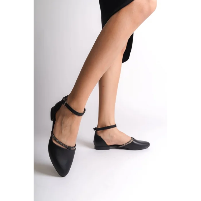 MONICA Tokalı Ortopedik Rahat Taban Taş Detaylı Kadın Babet Ayakkabı  ST - Siyah