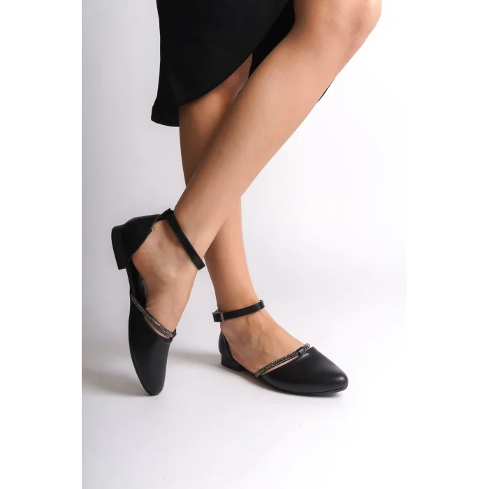 MONICA Tokalı Ortopedik Rahat Taban Taş Detaylı Kadın Babet Ayakkabı  ST - Siyah