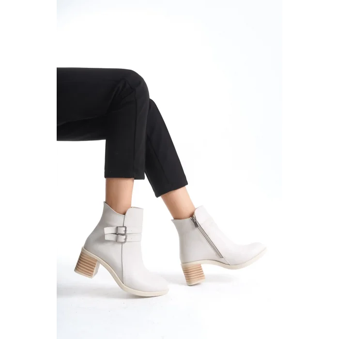 NOEMI Tokalı Fermuarlı Ortopedik Taban TopukluKadın Bot  KT - Krem