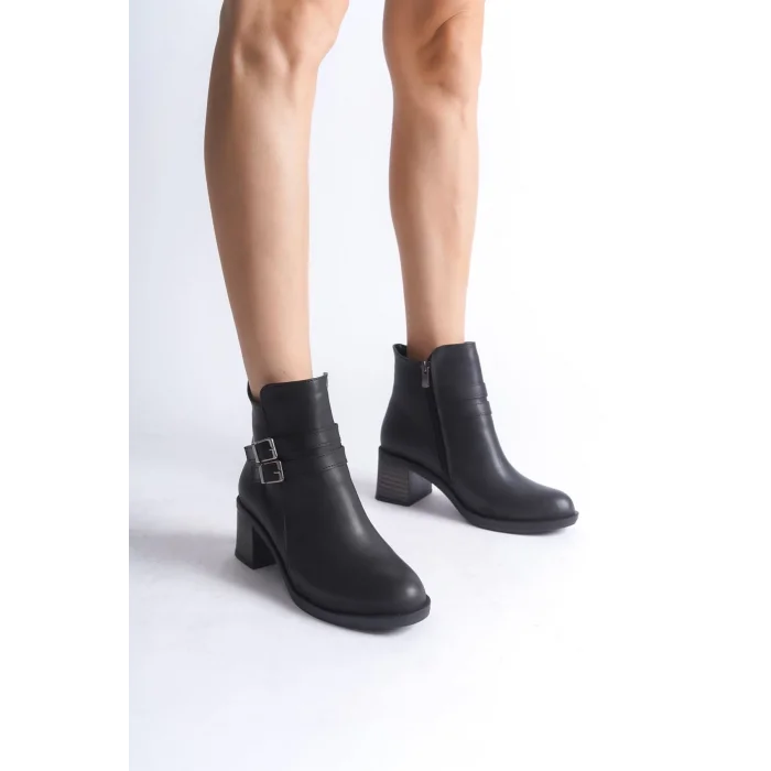 NOEMI Tokalı Fermuarlı Ortopedik Taban TopukluKadın Bot  ST - Siyah