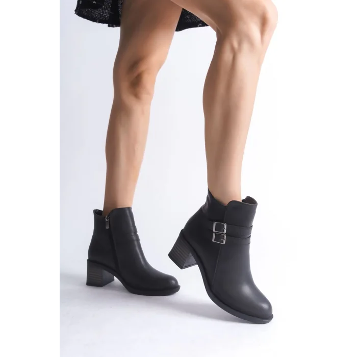 NOEMI Tokalı Fermuarlı Ortopedik Taban TopukluKadın Bot  ST - Siyah
