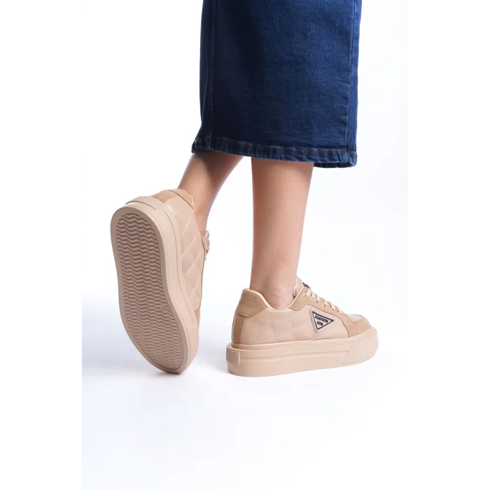 PRAG Bağcıklı Ortopedik Taban Desenli Kadın Sneaker Spor Ayakkabı TT - Ten